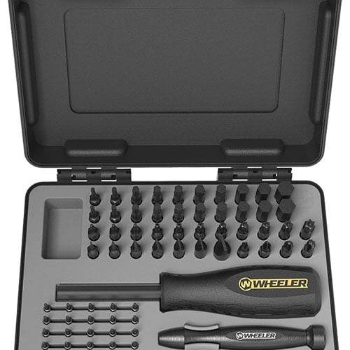 Complète ta collection avec le set de tournevis Wheeler de 65 pièces, incluant des embouts hex et TORX, un manche magnétisé et une mallette robuste.